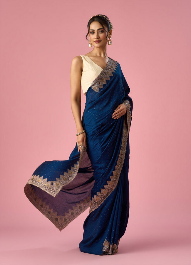 Mohey Women Blue Chinon Saree with Stone Work