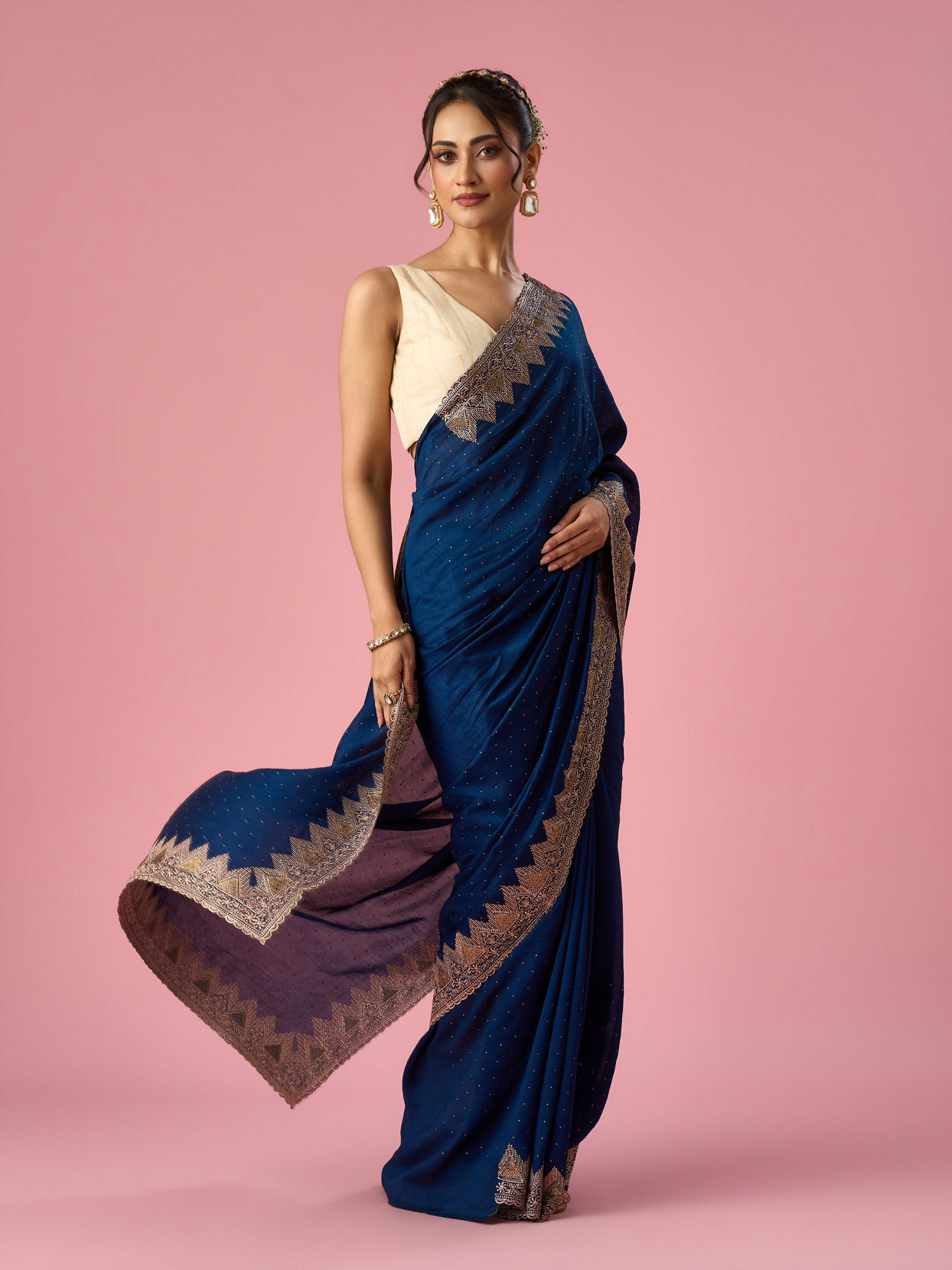 Mohey Women Blue Chinon Saree with Stone Work