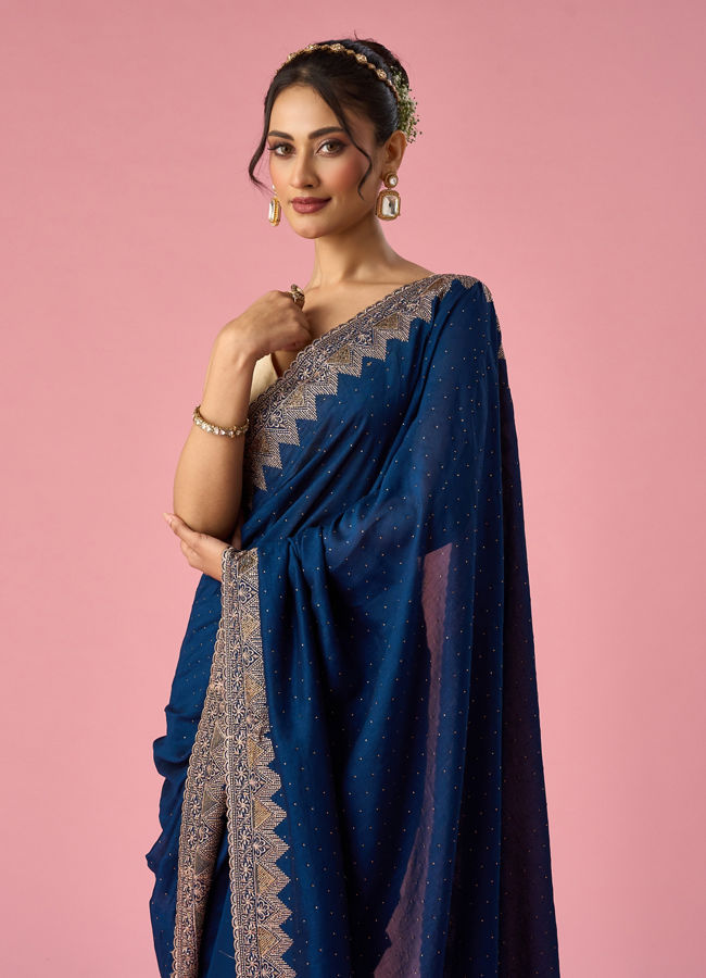 Mohey Women Blue Chinon Saree with Stone Work