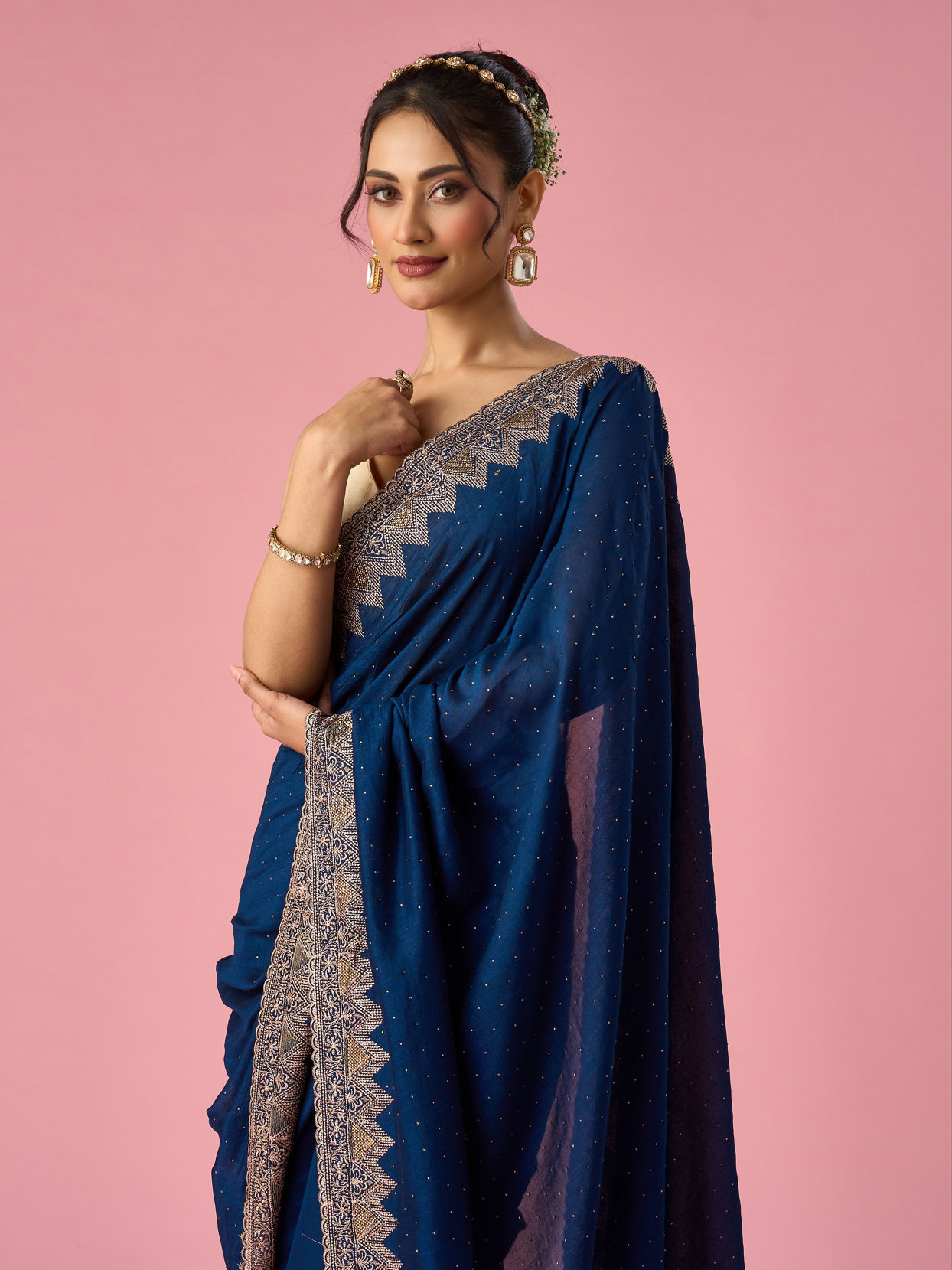 Mohey Women Blue Chinon Saree with Stone Work