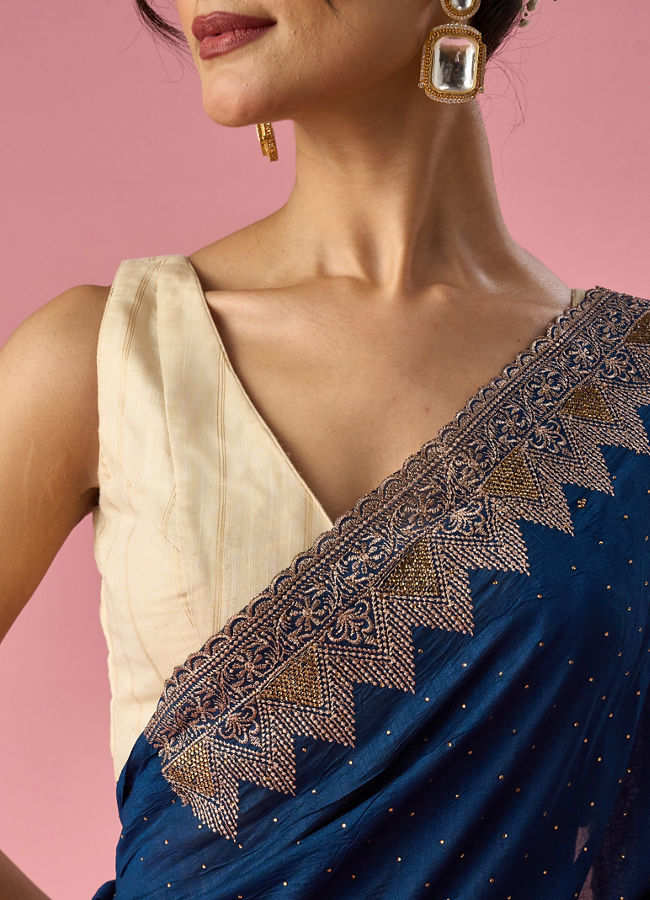 Mohey Women Blue Chinon Saree with Stone Work