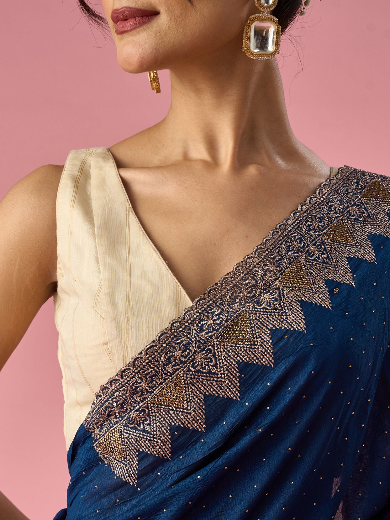 Mohey Women Blue Chinon Saree with Stone Work