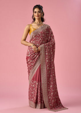 Mohey Women Pink Chinon Saree with Stone Work