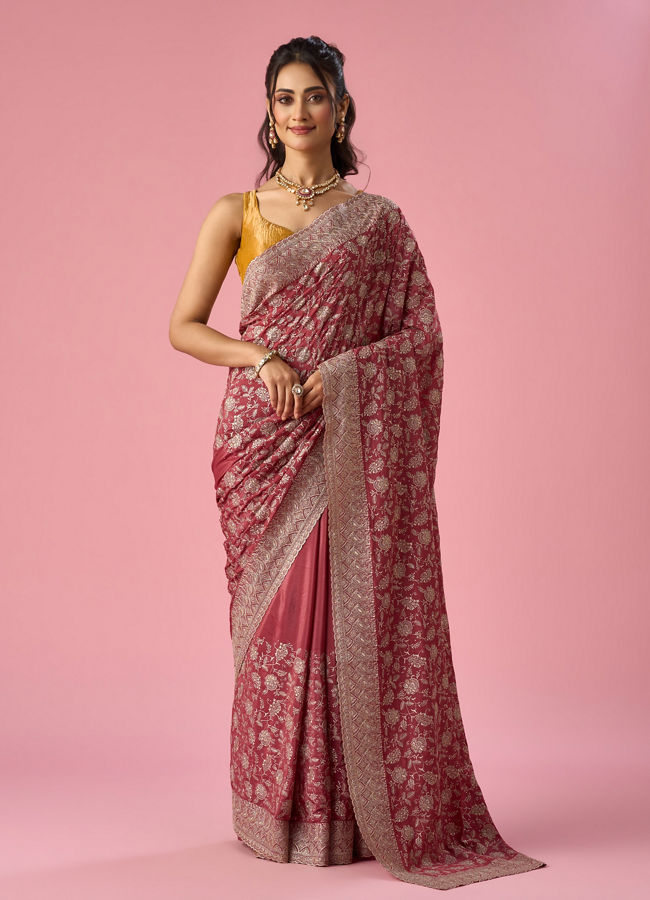 Mohey Women Pink Chinon Saree with Stone Work