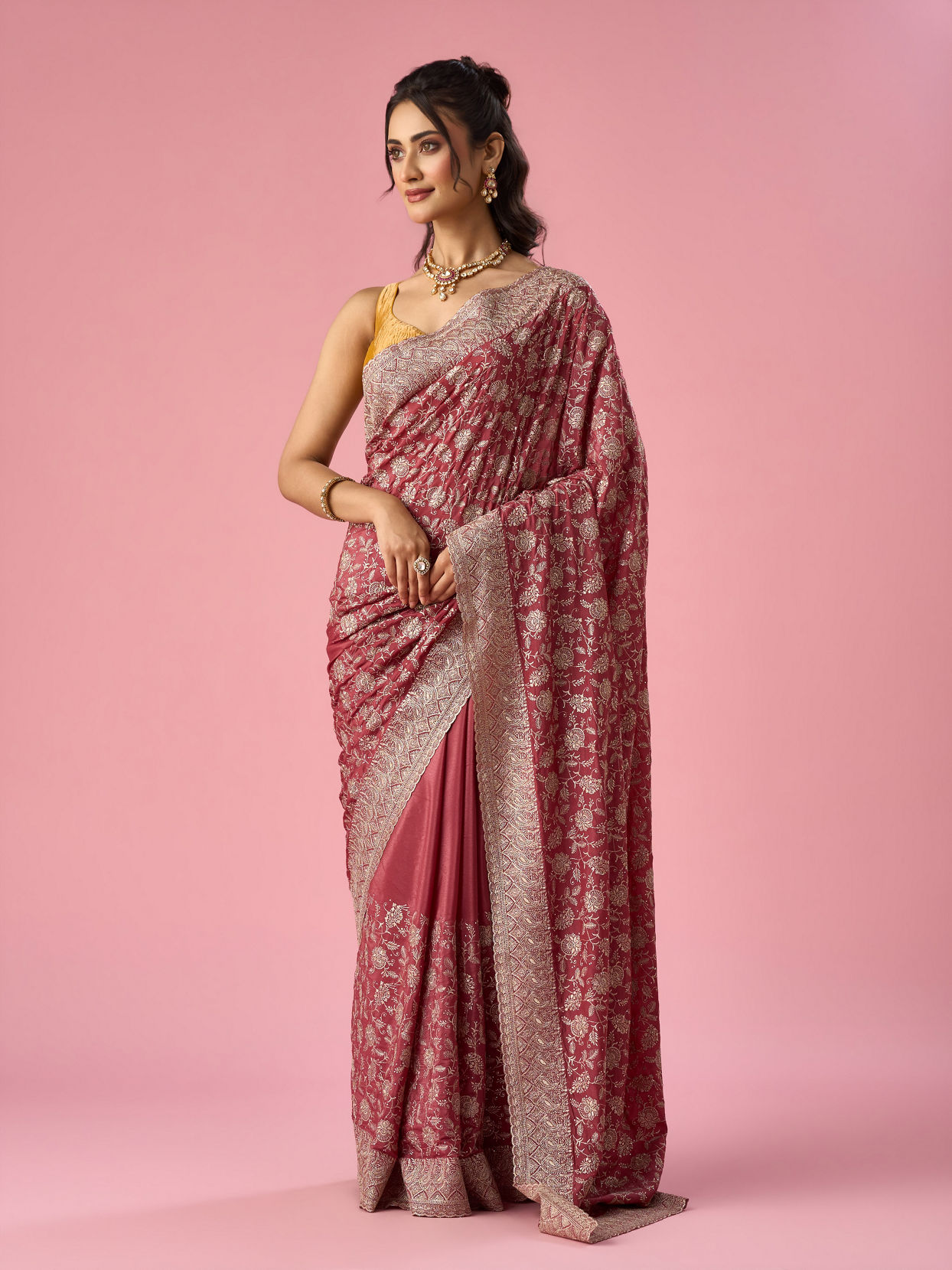 Mohey Women Pink Chinon Saree with Stone Work