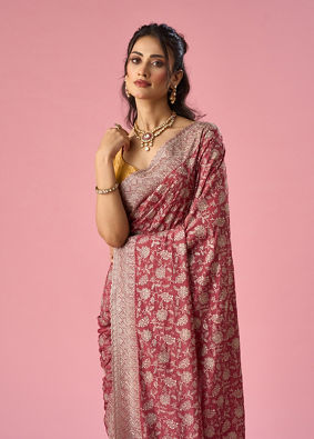 Mohey Women Pink Chinon Saree with Stone Work