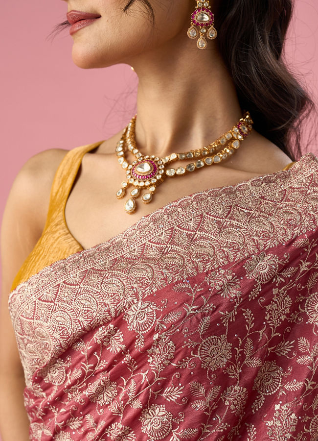 Mohey Women Pink Chinon Saree with Stone Work