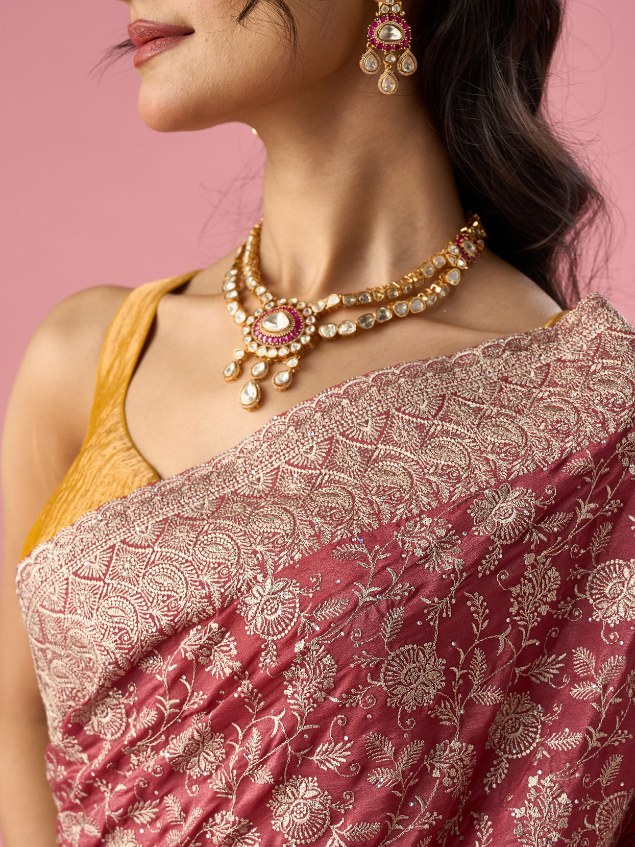 Mohey Women Pink Chinon Saree with Stone Work