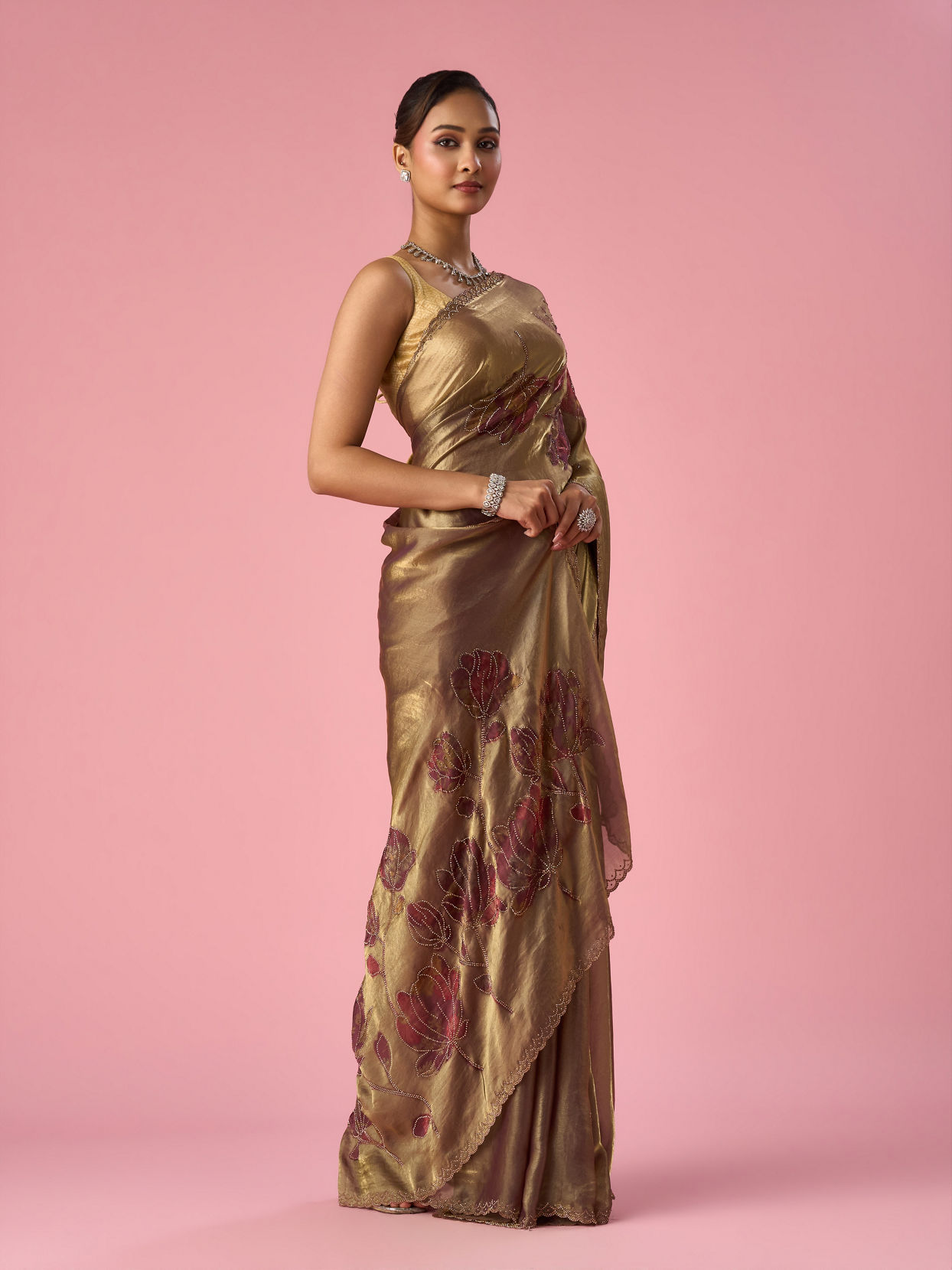 Mohey Women Purple Organza Saree with Print and Stone Work