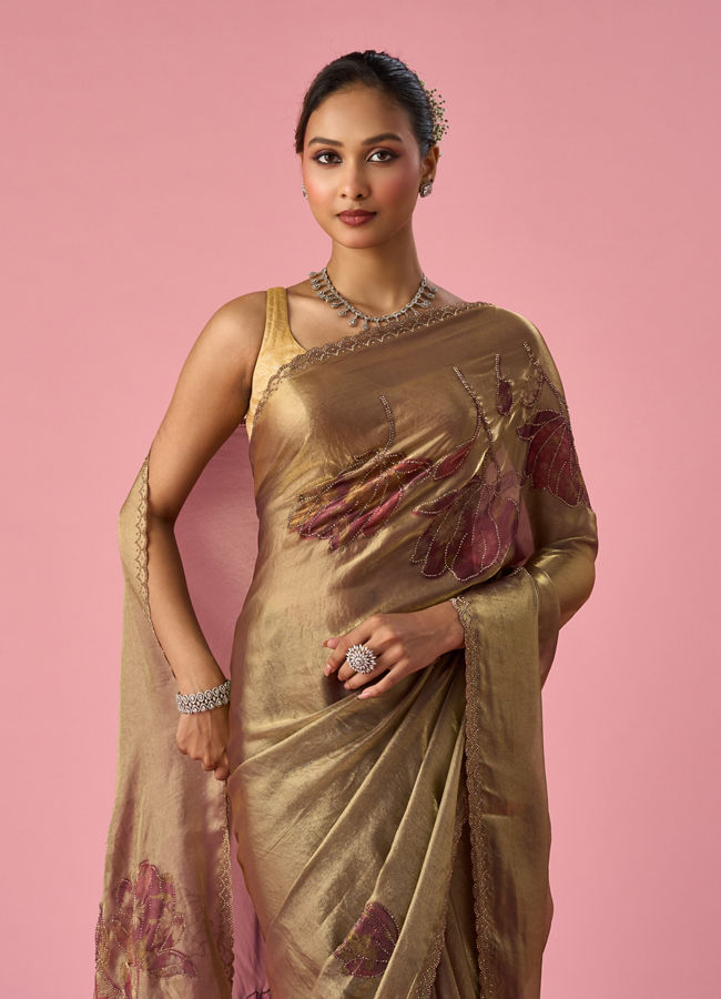 Mohey Women Purple Organza Saree with Print and Stone Work