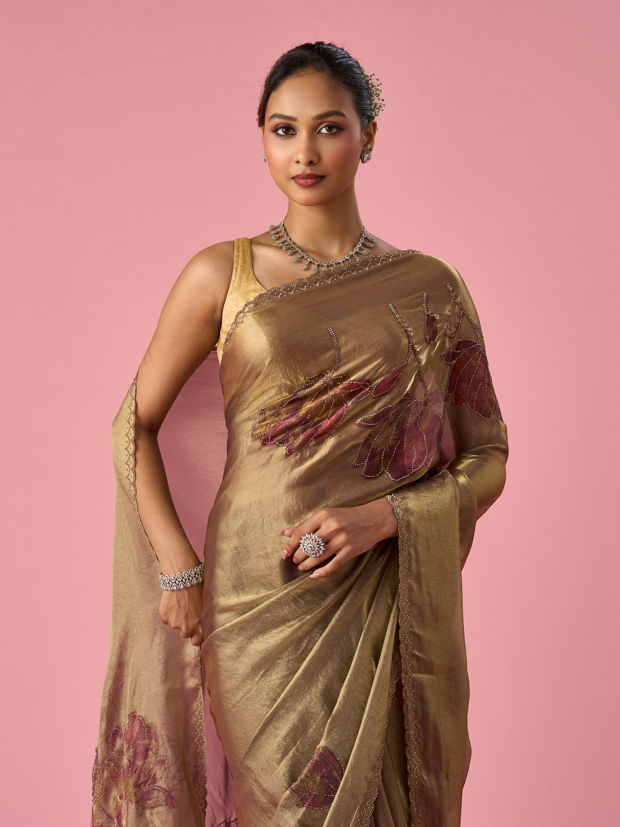 Mohey Women Purple Organza Saree with Print and Stone Work