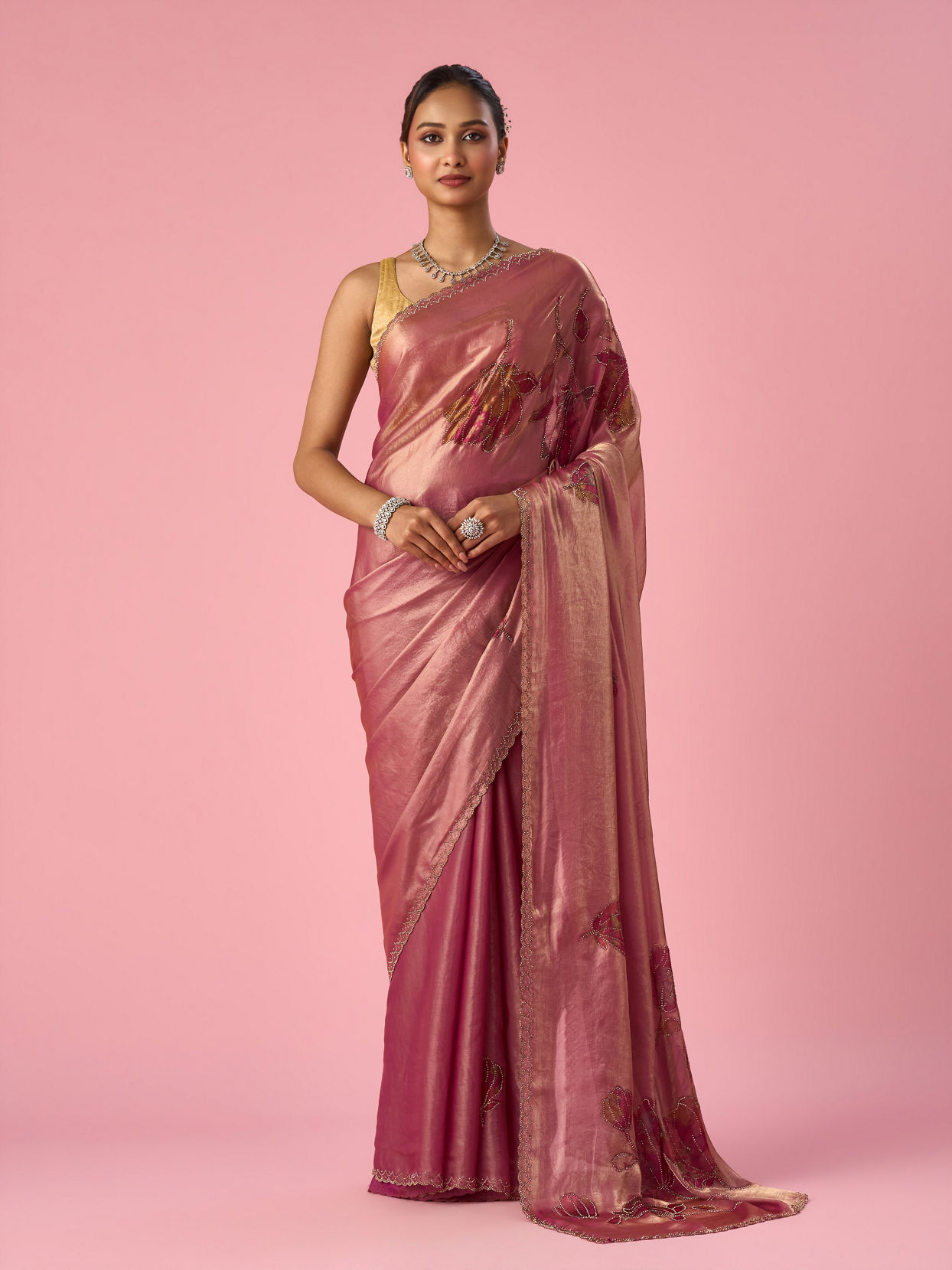 Mohey Women Pink Organza Saree with Stone Work