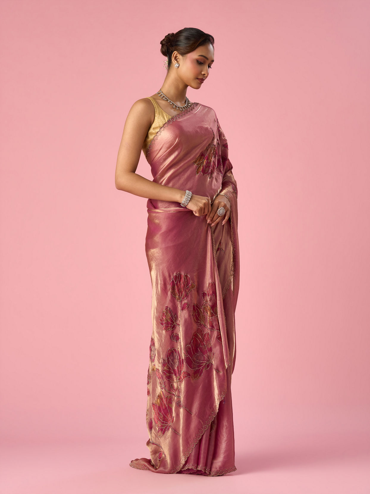 Mohey Women Pink Organza Saree with Stone Work
