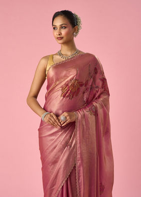 Mohey Women Pink Organza Saree with Stone Work