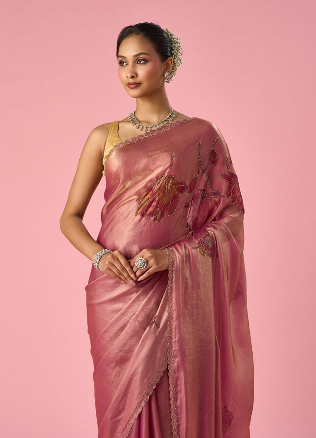 Mohey Women Pink Organza Saree with Stone Work