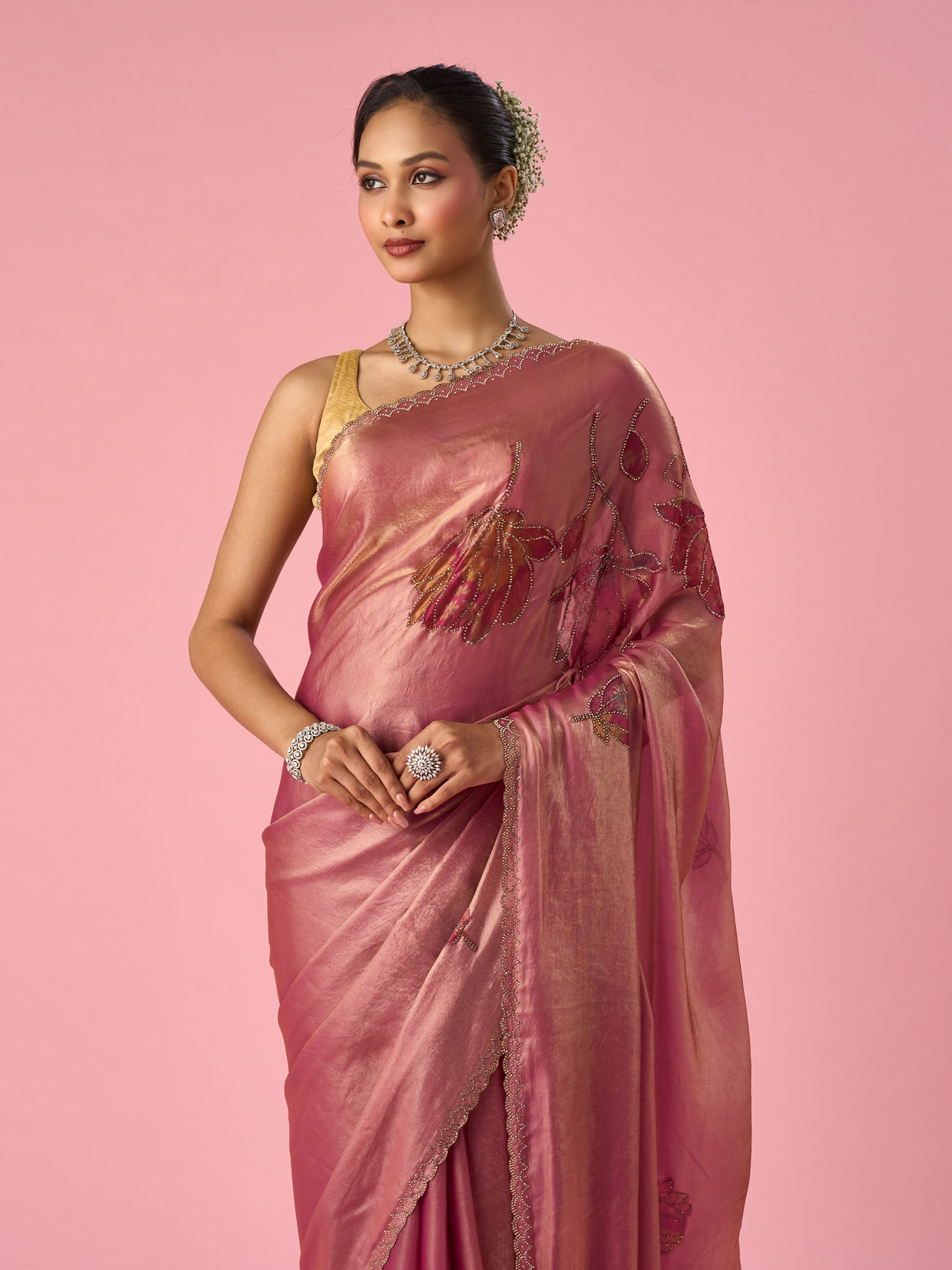 Mohey Women Pink Organza Saree with Stone Work