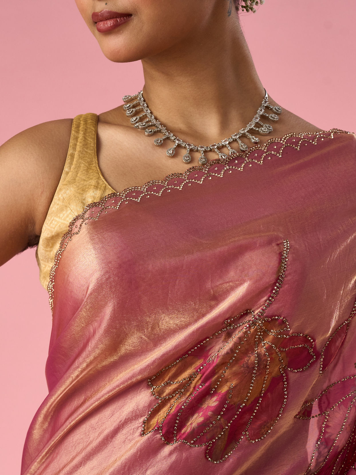 Mohey Women Pink Organza Saree with Stone Work
