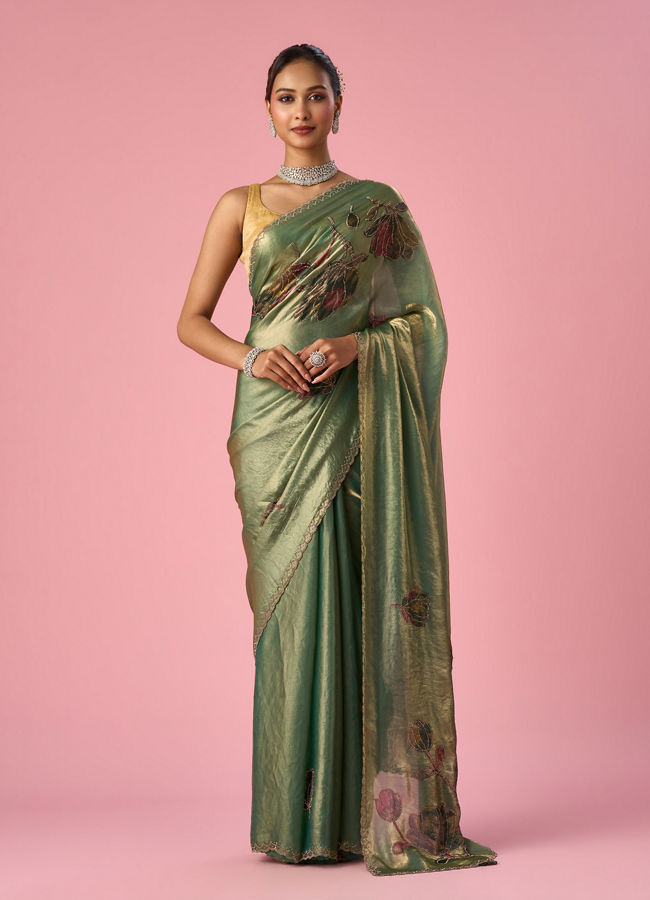 Mohey Women Green Organza Saree with Print and Stone Work