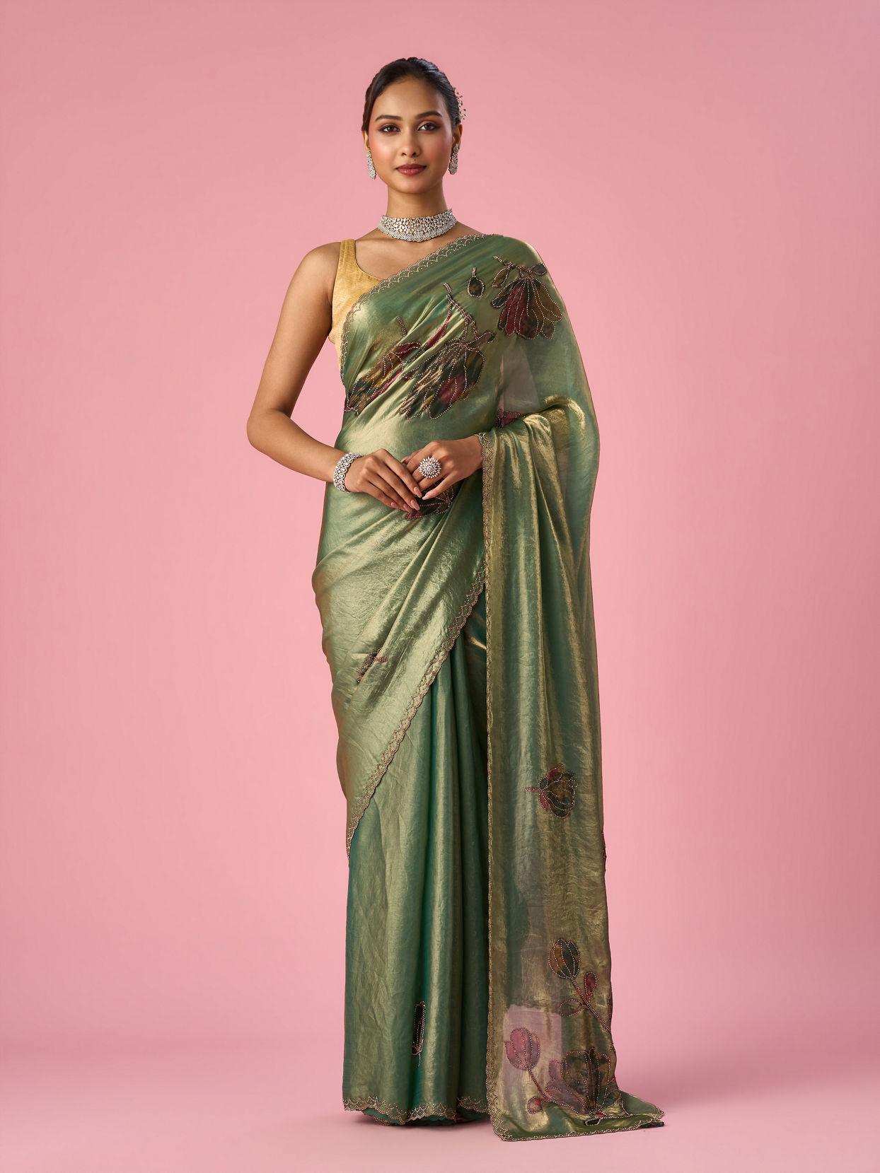 Mohey Women Green Organza Saree with Print and Stone Work