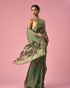 Mohey Women Green Organza Saree with Print and Stone Work