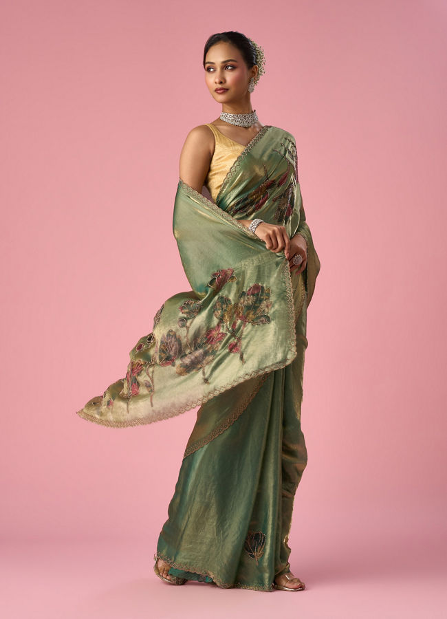 Mohey Women Green Organza Saree with Print and Stone Work