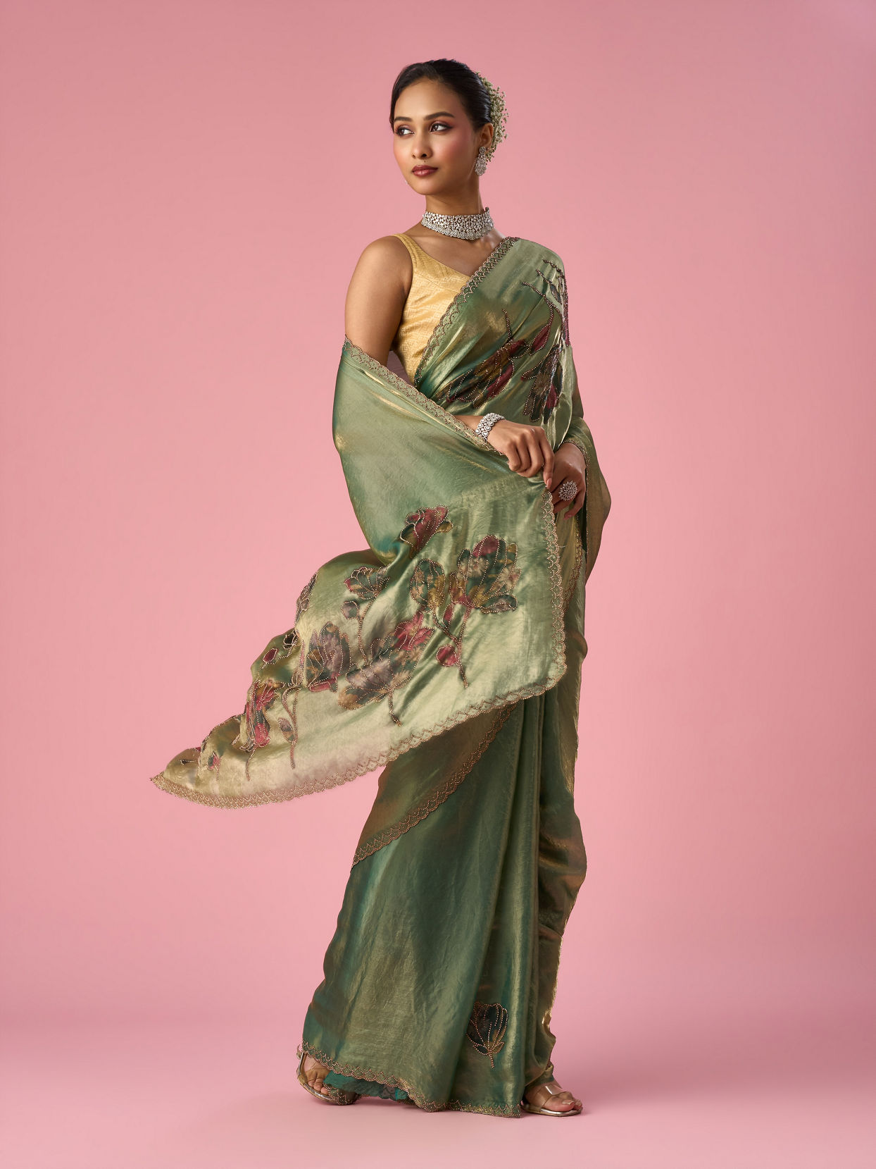 Mohey Women Green Organza Saree with Print and Stone Work