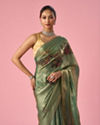 Mohey Women Green Organza Saree with Print and Stone Work