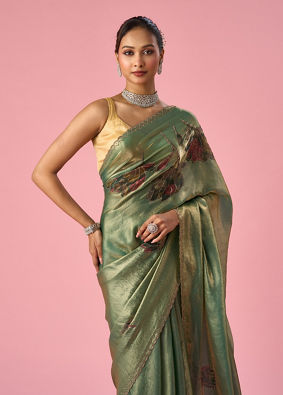 Mohey Women Green Organza Saree with Print and Stone Work