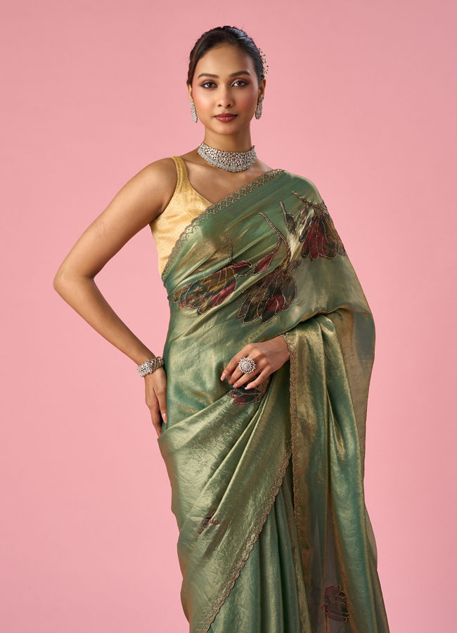 Mohey Women Green Organza Saree with Print and Stone Work
