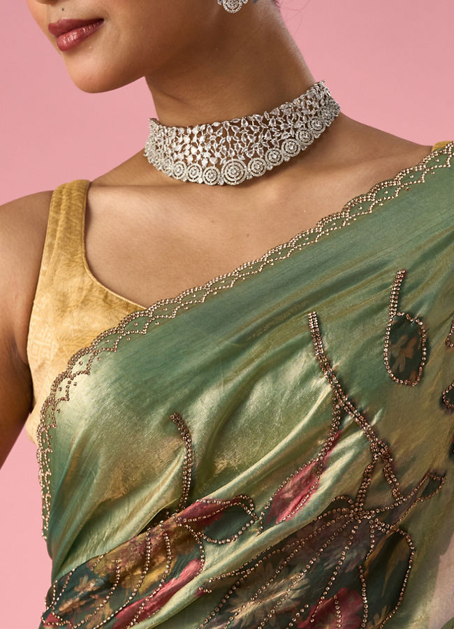 Mohey Women Green Organza Saree with Print and Stone Work
