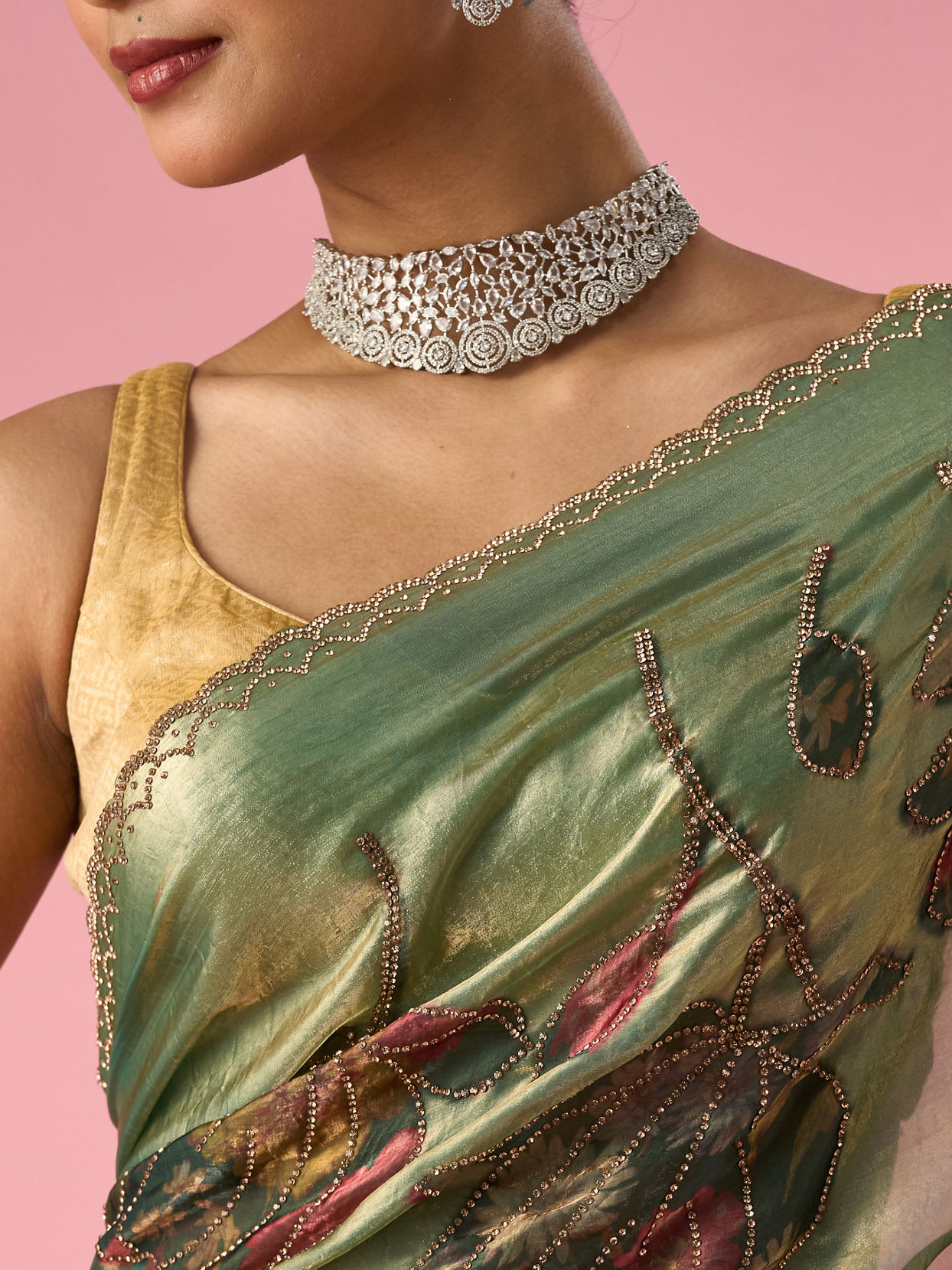 Mohey Women Green Organza Saree with Print and Stone Work