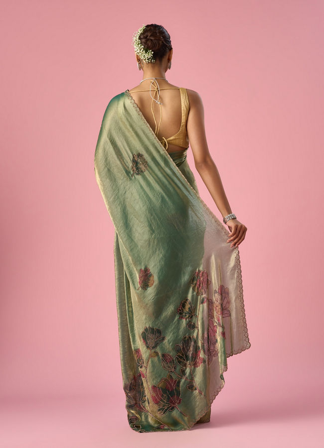 Mohey Women Green Organza Saree with Print and Stone Work