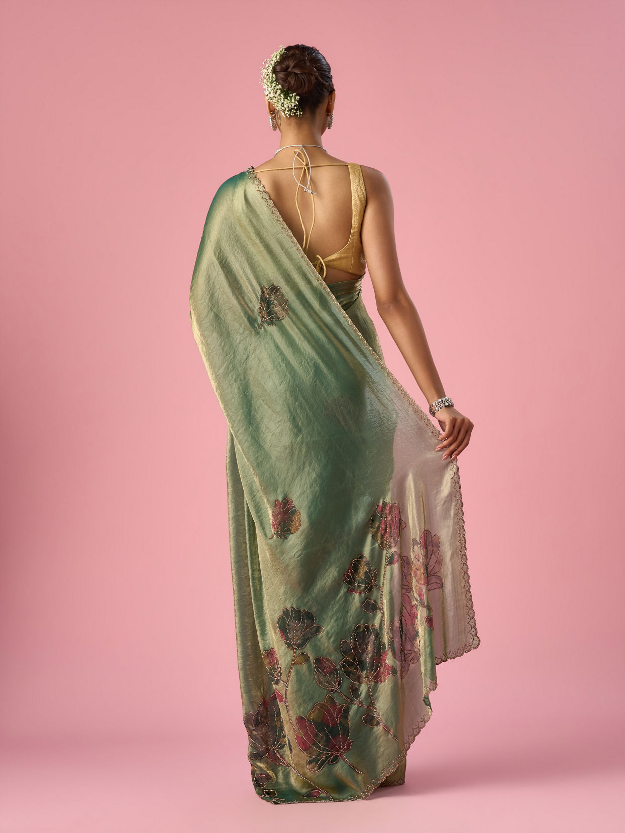 Mohey Women Green Organza Saree with Print and Stone Work