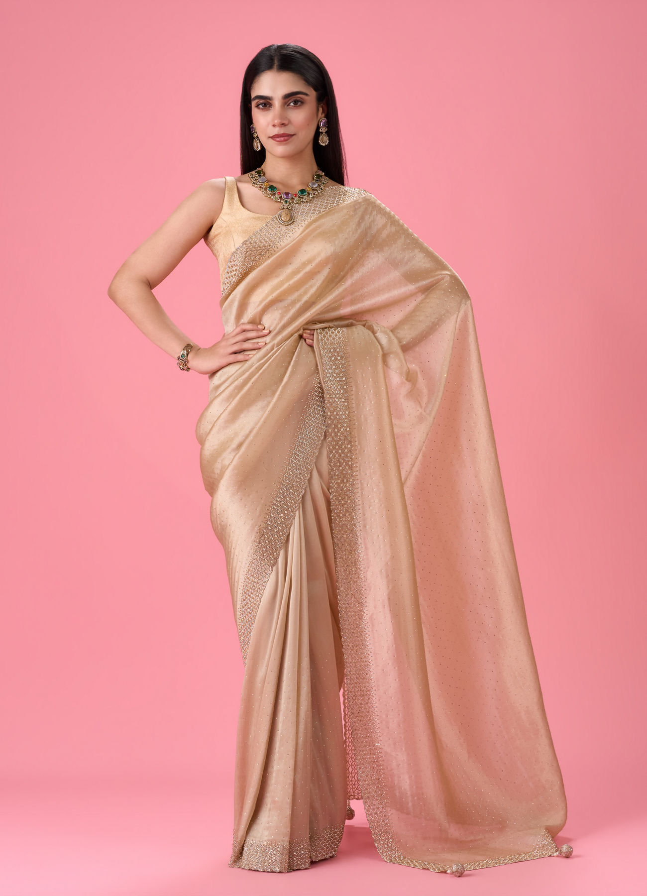 Mohey Women Exquisite Beige Organza Saree