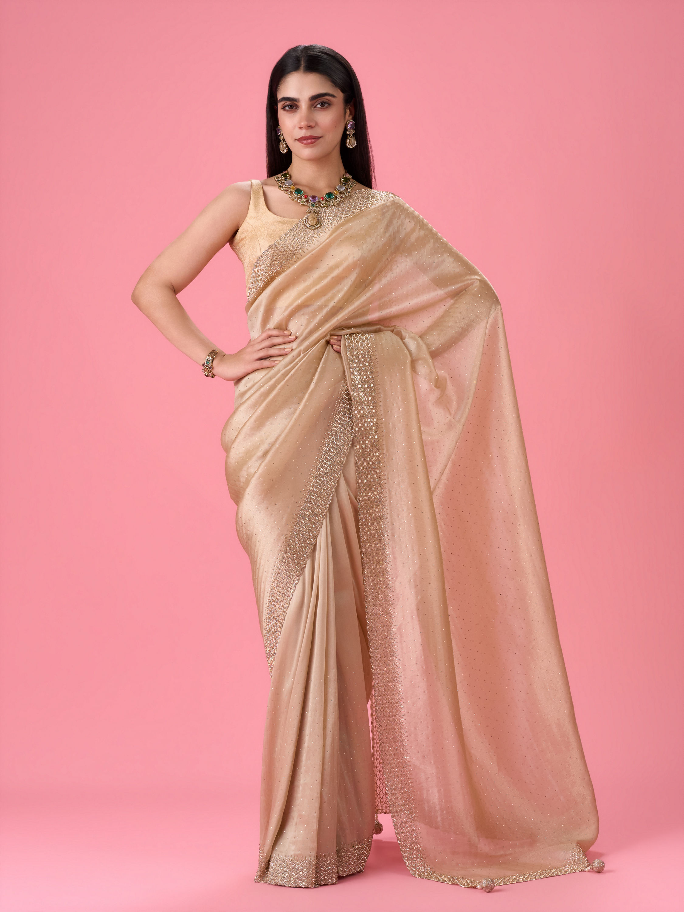 Mohey Women Exquisite Beige Organza Saree