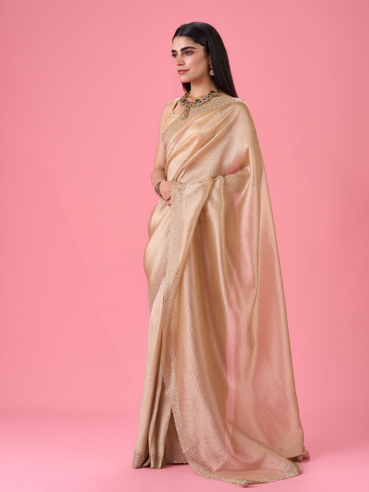 Mohey Women Exquisite Beige Organza Saree
