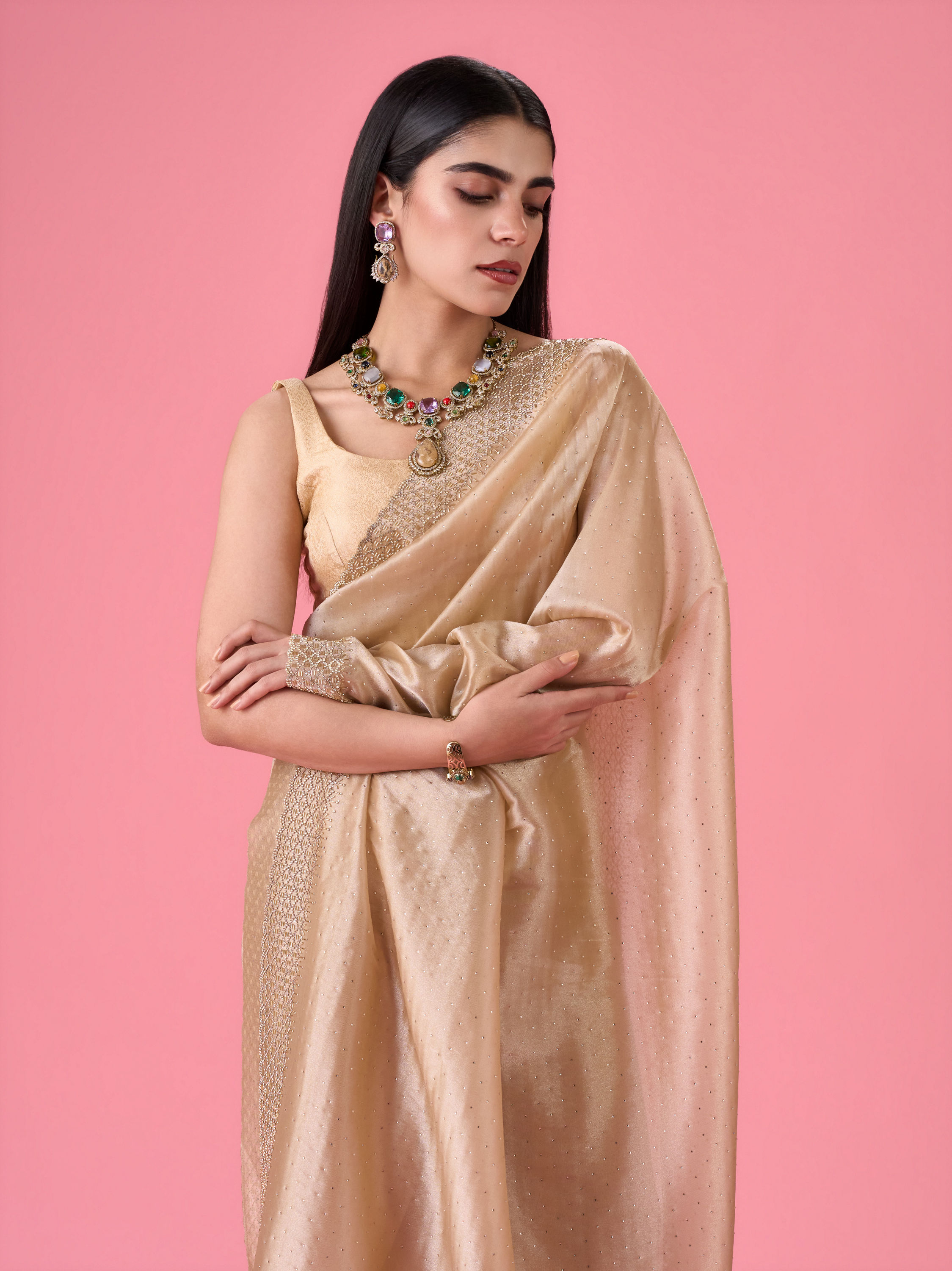 Mohey Women Exquisite Beige Organza Saree