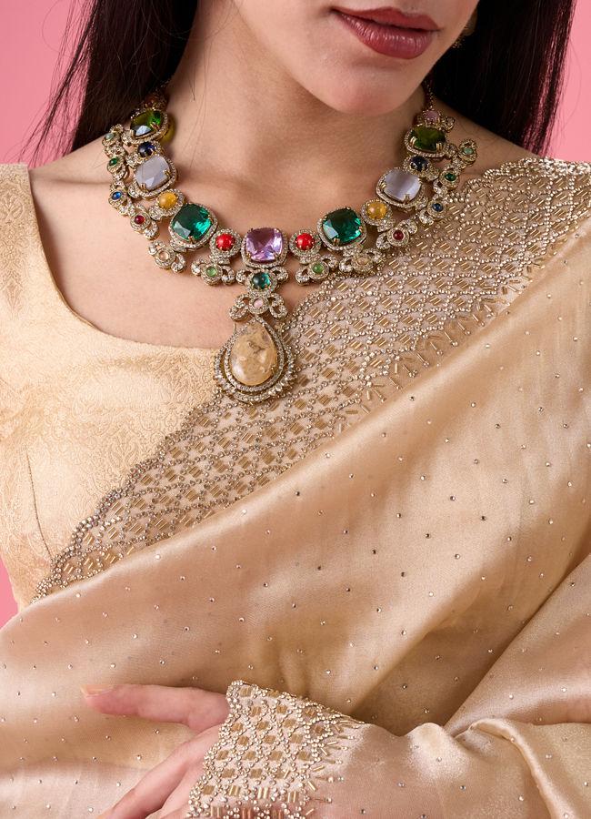 Mohey Women Exquisite Beige Organza Saree