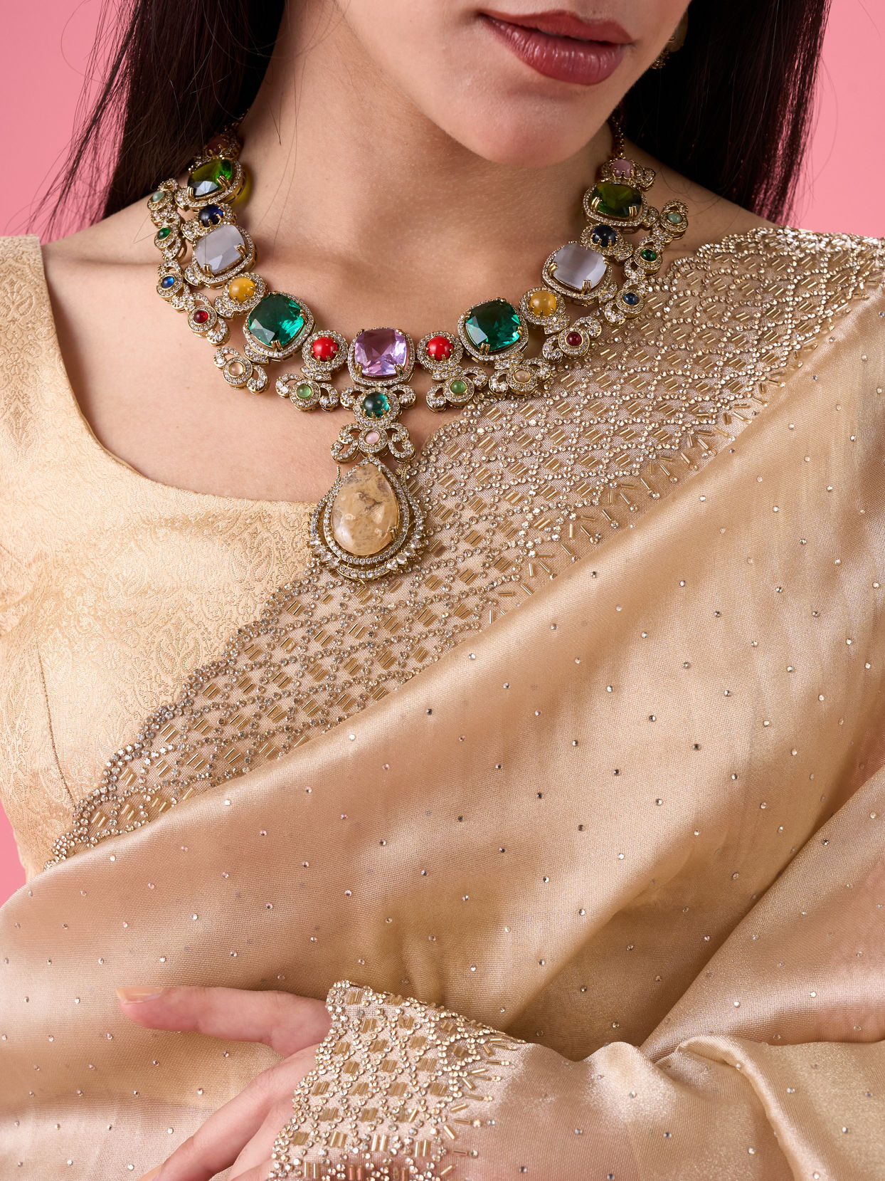 Mohey Women Exquisite Beige Organza Saree