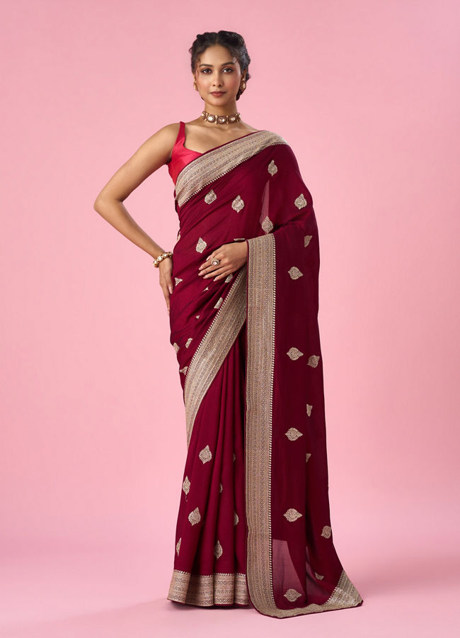 Mohey Women Wine Silk Saree with Stone Work