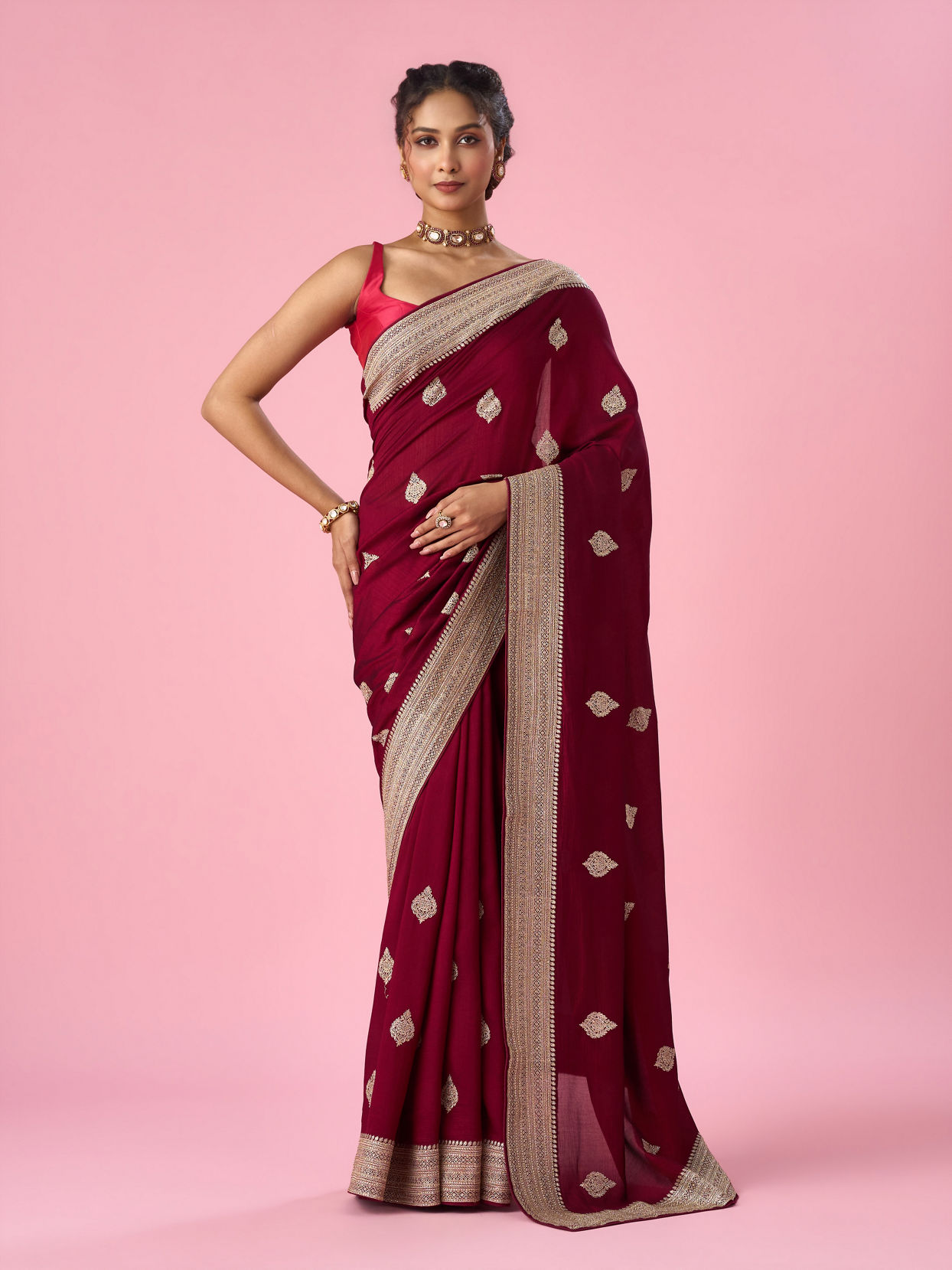 Mohey Women Wine Silk Saree with Stone Work