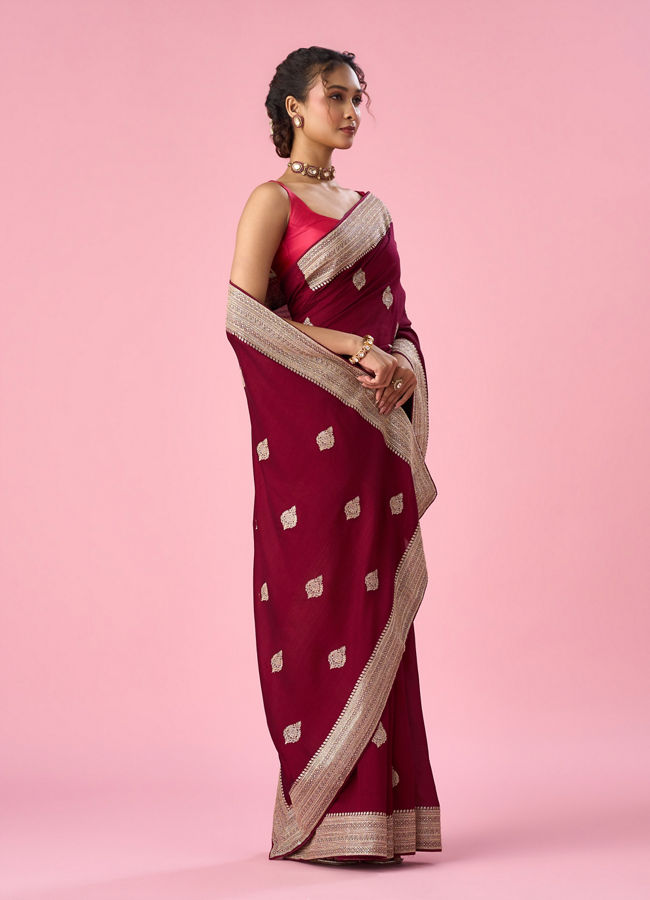 Mohey Women Wine Silk Saree with Stone Work
