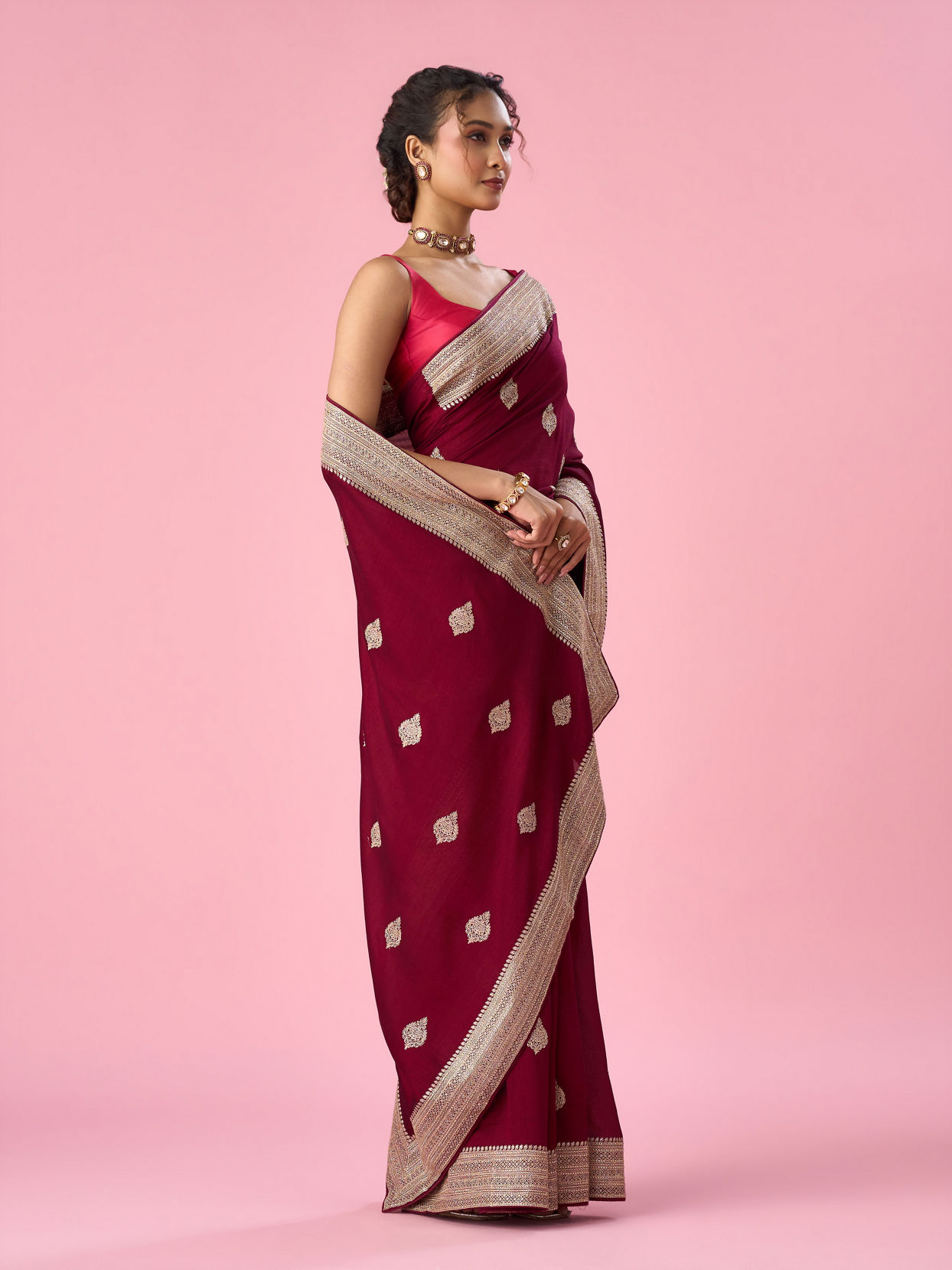 Mohey Women Wine Silk Saree with Stone Work