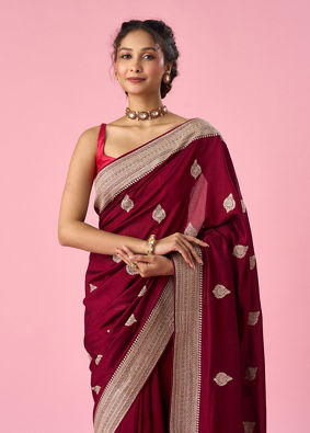 Mohey Women Wine Art Silk Saree with Stone Work