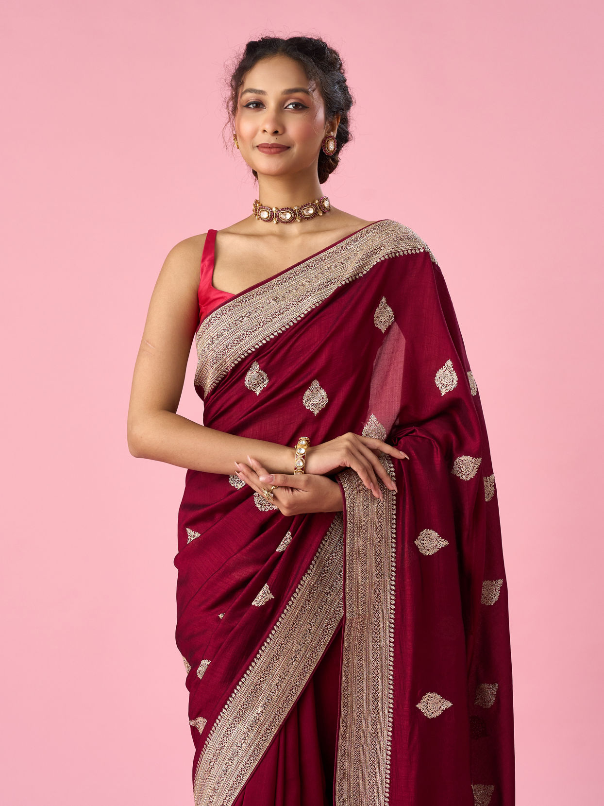 Mohey Women Wine Silk Saree with Stone Work