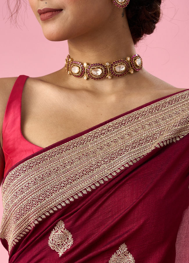 Mohey Women Wine Silk Saree with Stone Work