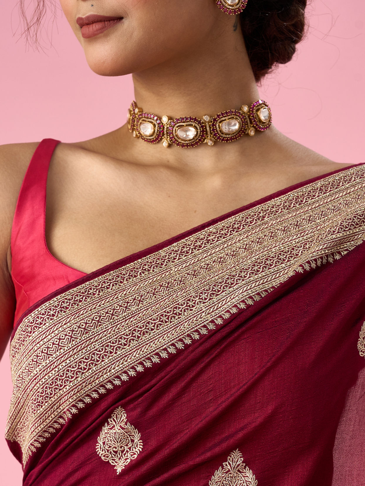 Mohey Women Wine Silk Saree with Stone Work