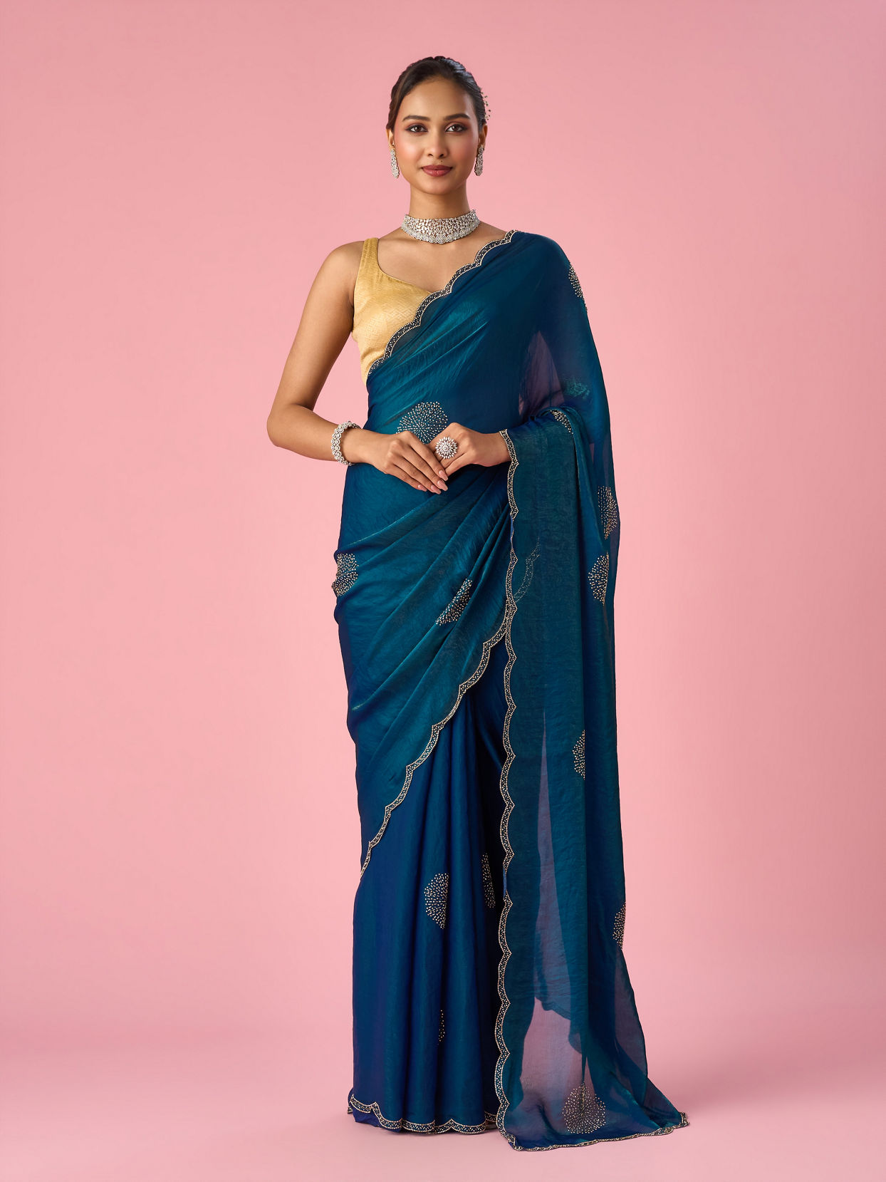 Mohey Women Green Organza Saree with Stone Work