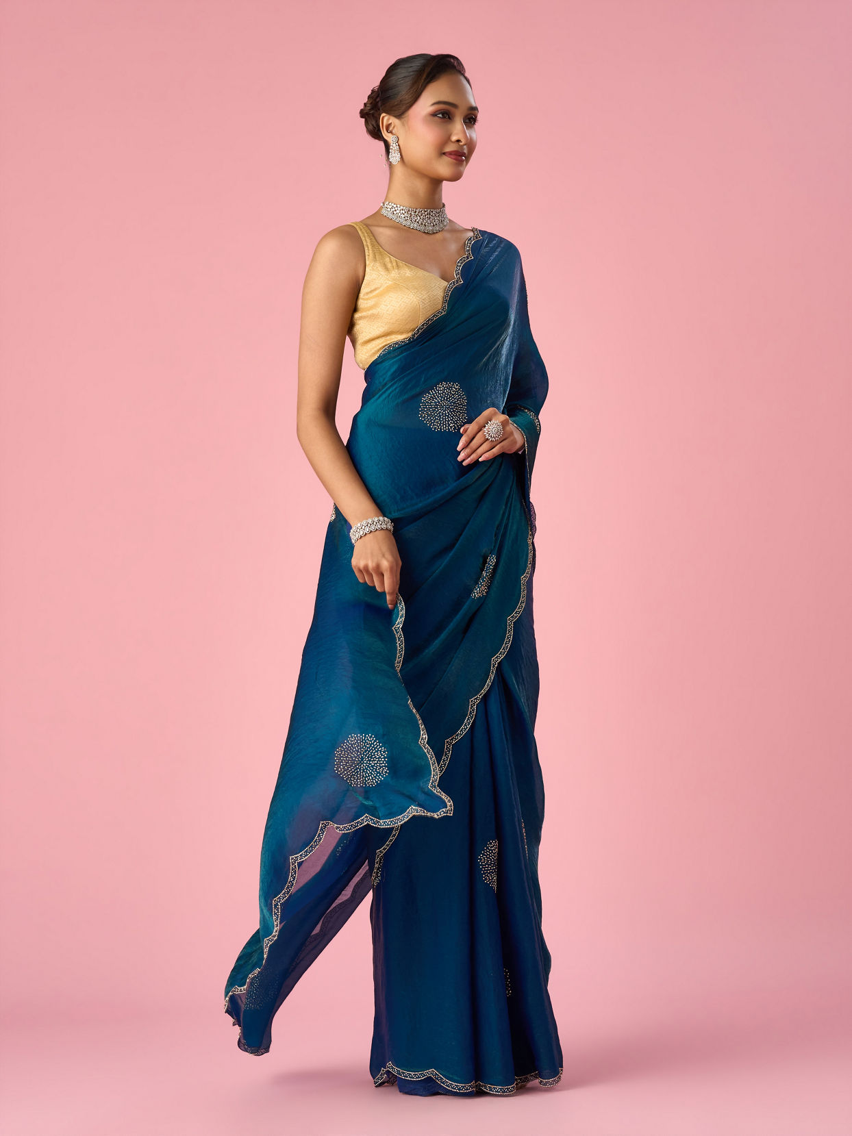 Mohey Women Green Organza Saree with Stone Work