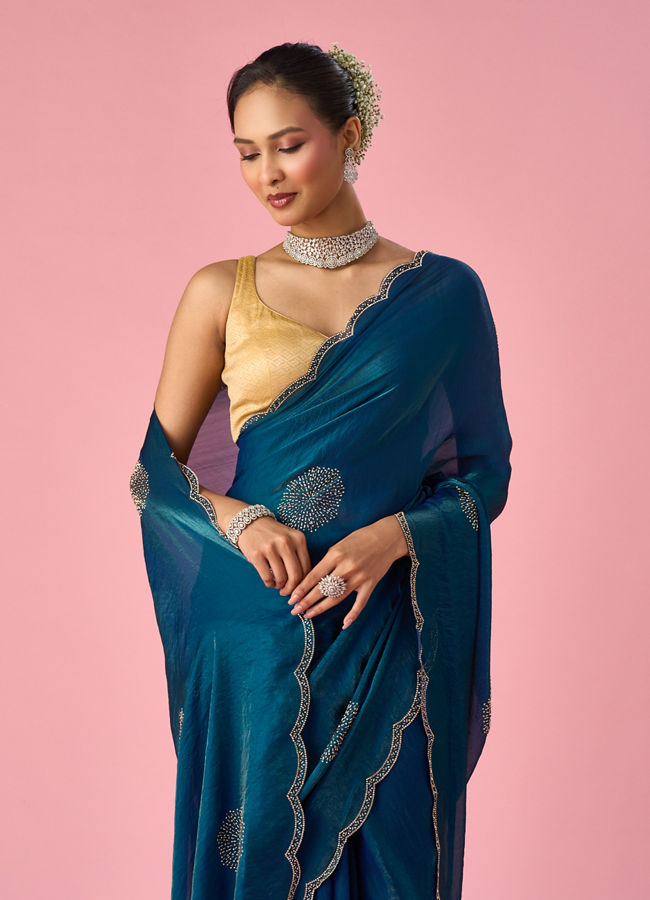 Mohey Women Green Organza Saree with Stone Work